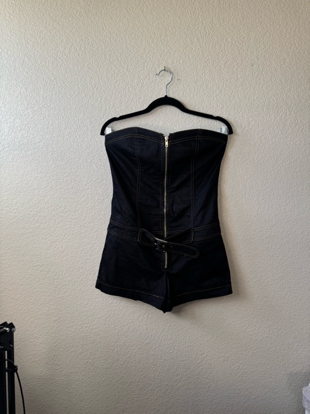 Strapless Dark Blue Denim Romper with Front Zip